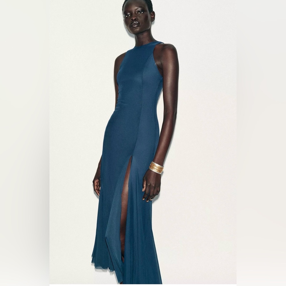 ZARA LONG TULLE GODET DRESS Midnight Blue Sleeveless